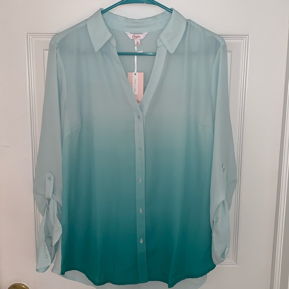 Semi sheer long sleeve button up blouse. Turquoise